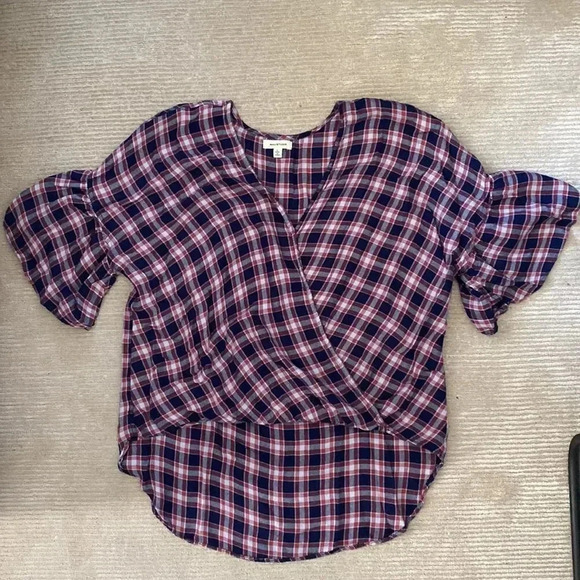 Max Studio Plaid Checkered Ruffle Flutter Sleeve Wrap Top Navy Red Size L - Picture 11 of 11